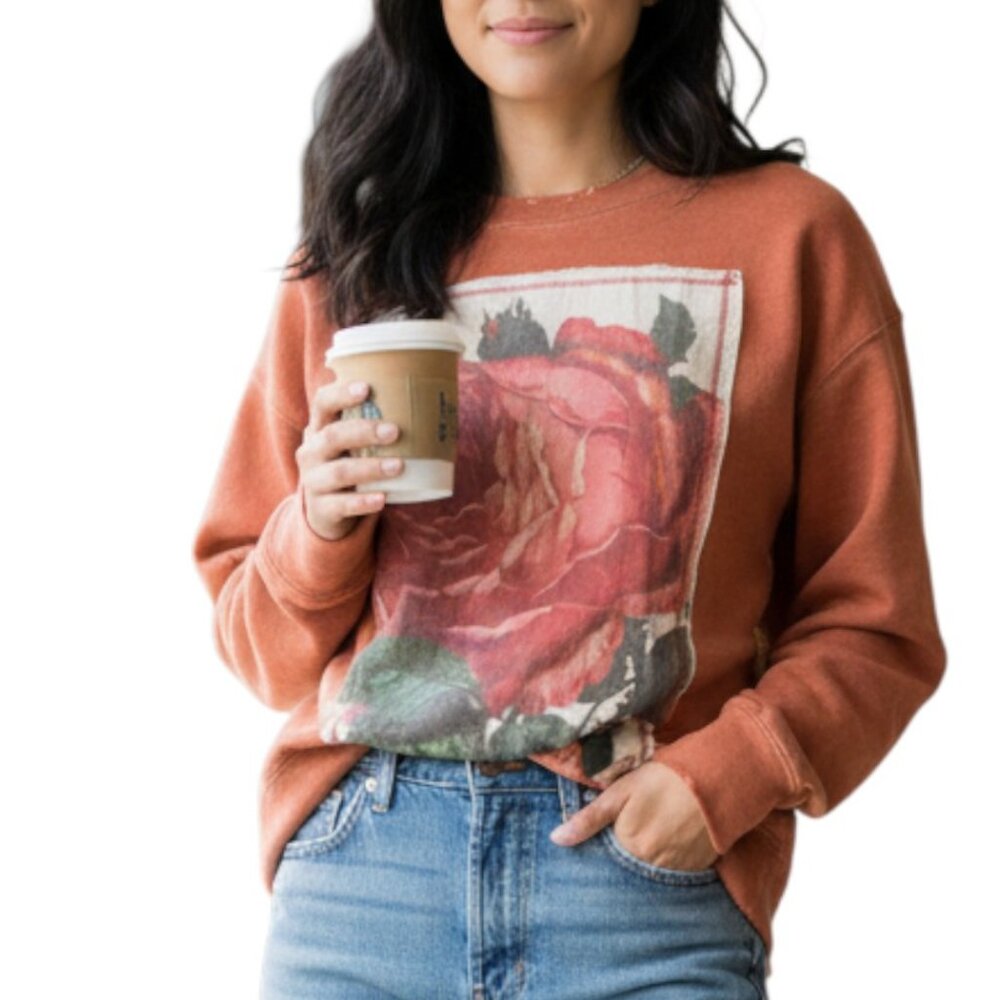 The Nu Vintage Floral Patch Crewneck Sweatshirt Orange Size S